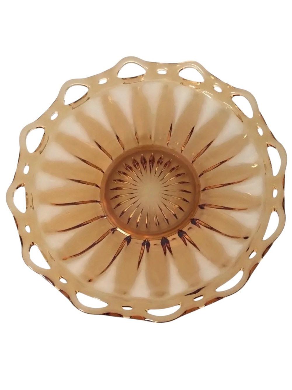Vintage Amber Glass Lace Edge Cabaret Bowl 11.75” Art Deco 1930s